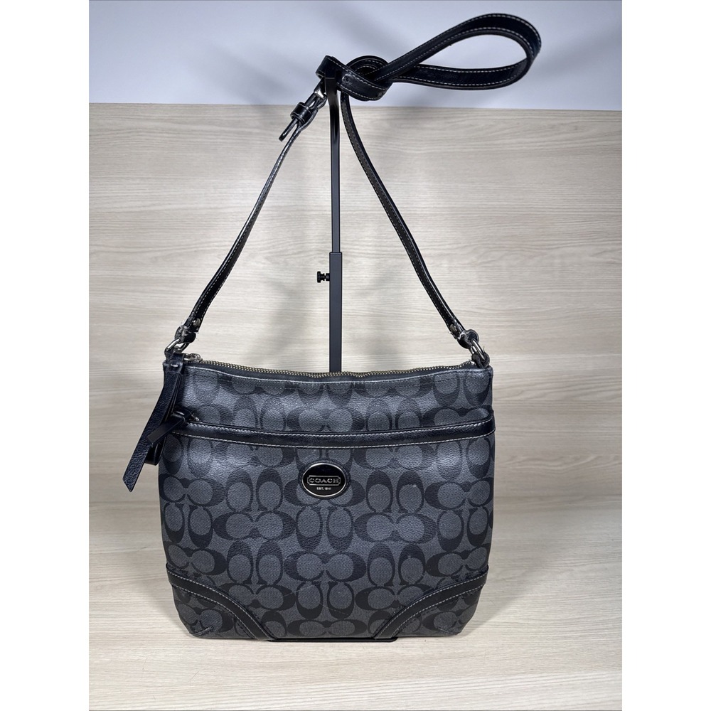 Coach Peython Hobo Signature Shoulder Bag Womens Black Allover Print Coated Purs